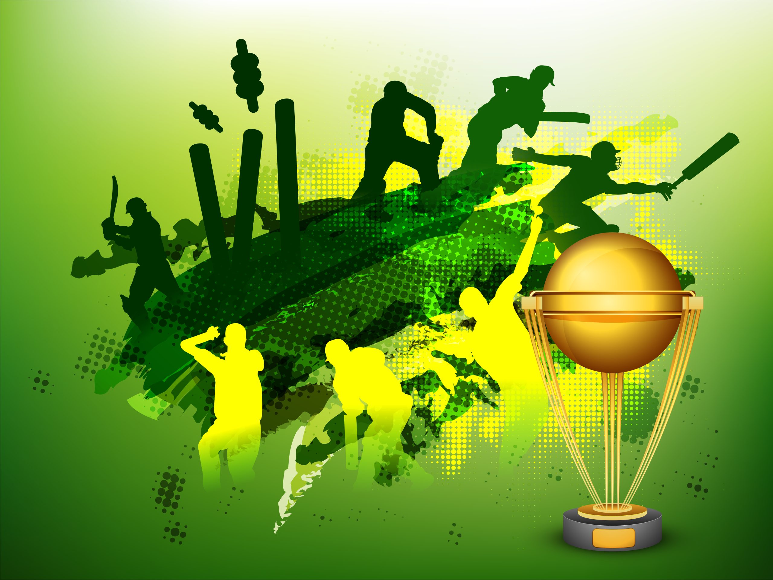 Green Cricket Sports background with illustration of players and golden trophy cup
